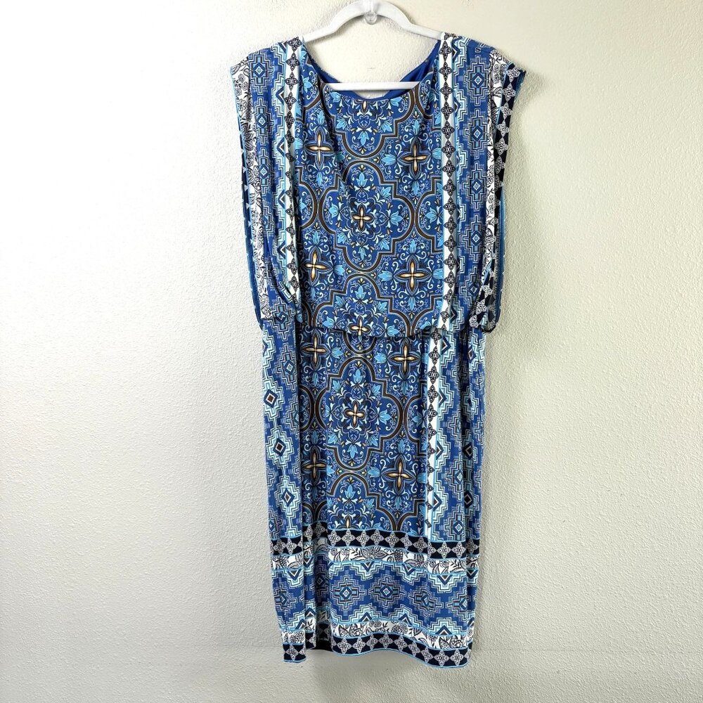 Chicos Blouson Elastic Waist Midi Dress Womens 2 US L Blue Medallion Print